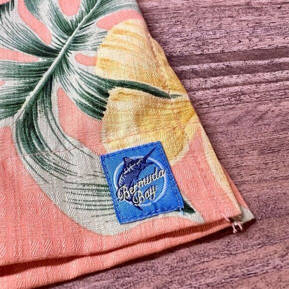 Bermuda Bay Men's Orange Green Yellow Hawaiian Floral Silk Button Up Shirt Large - Picture 6 of 7